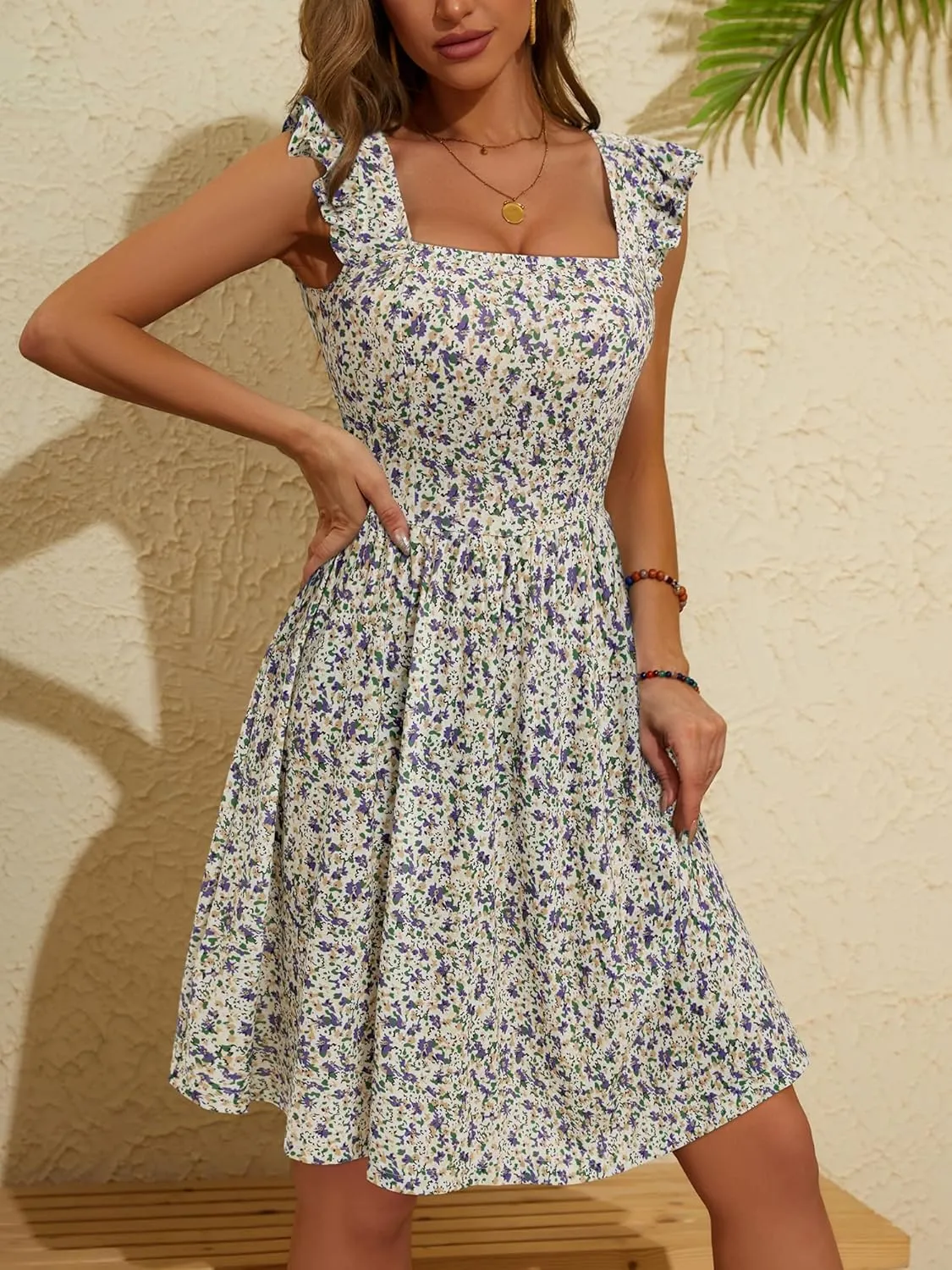 Loemes Summer Casual Cute Floral Flowy Square Neck Sundressses with Pocket Beach Dress for Women