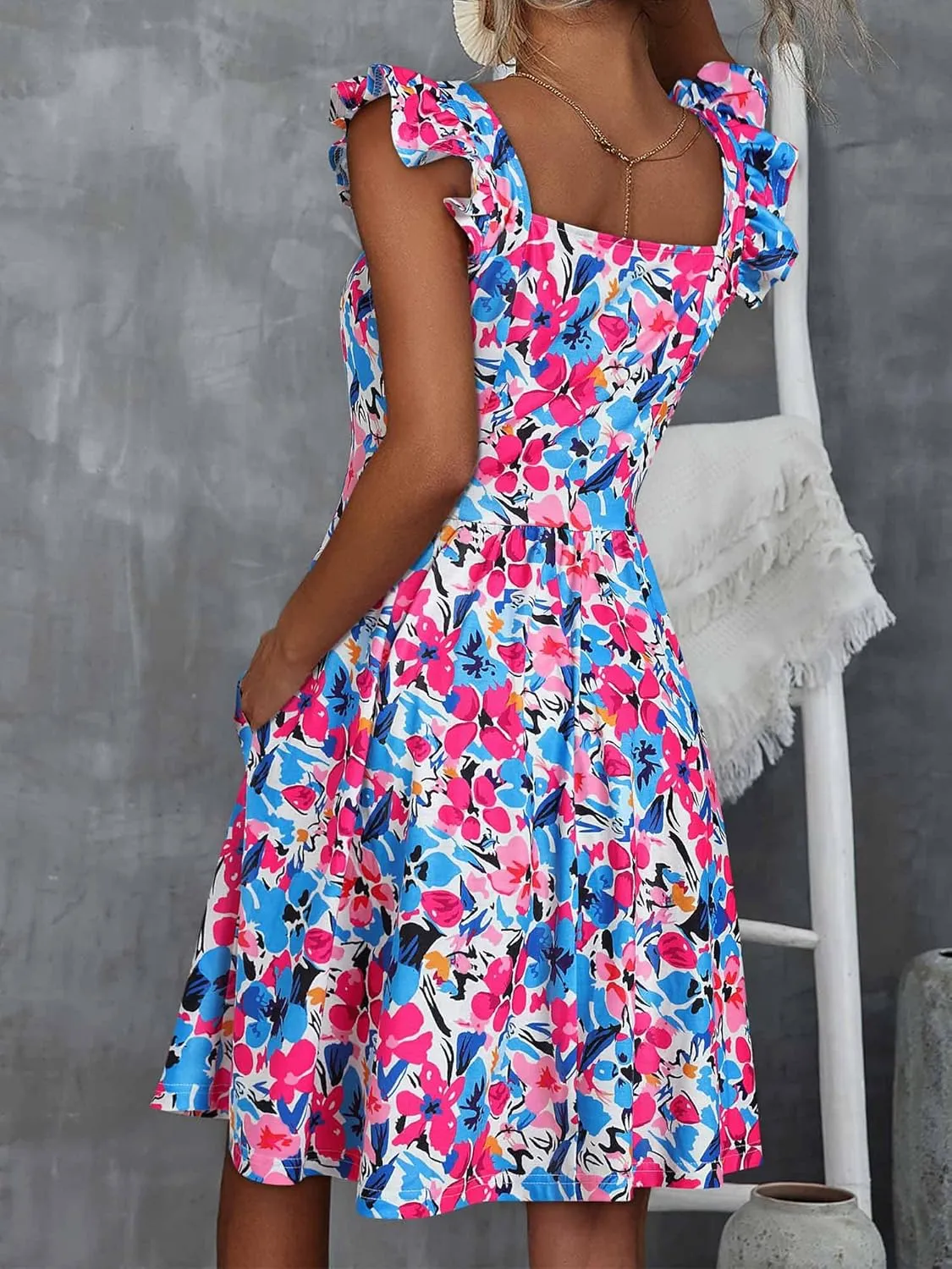 Loemes Summer Casual Cute Floral Flowy Square Neck Sundressses with Pocket Beach Dress for Women