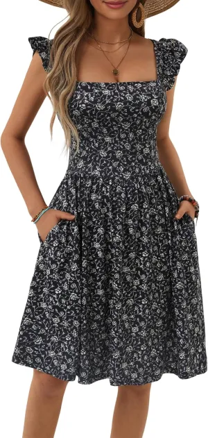Loemes Summer Casual Cute Floral Flowy Square Neck Sundressses with Pocket Beach Dress for Women