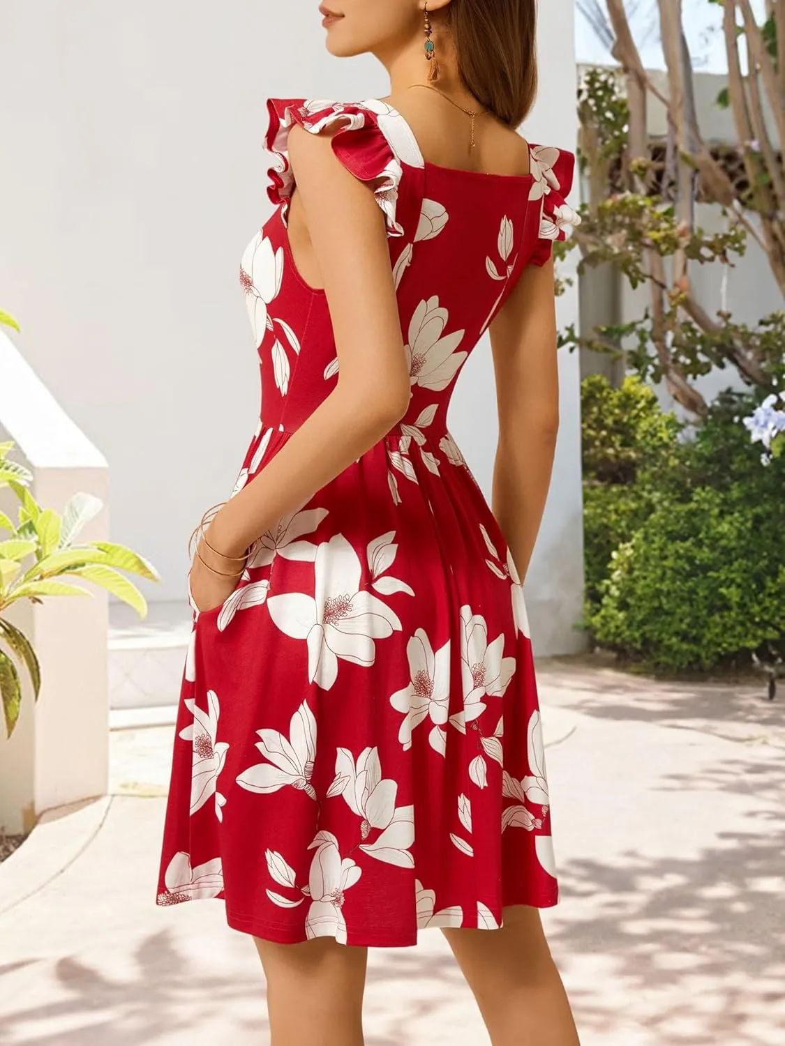 Loemes Summer Casual Cute Floral Flowy Square Neck Sundressses with Pocket Beach Dress for Women