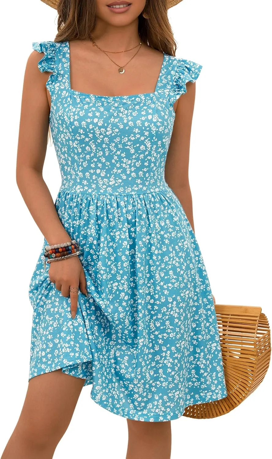 Loemes Summer Casual Cute Floral Flowy Square Neck Sundressses with Pocket Beach Dress for Women