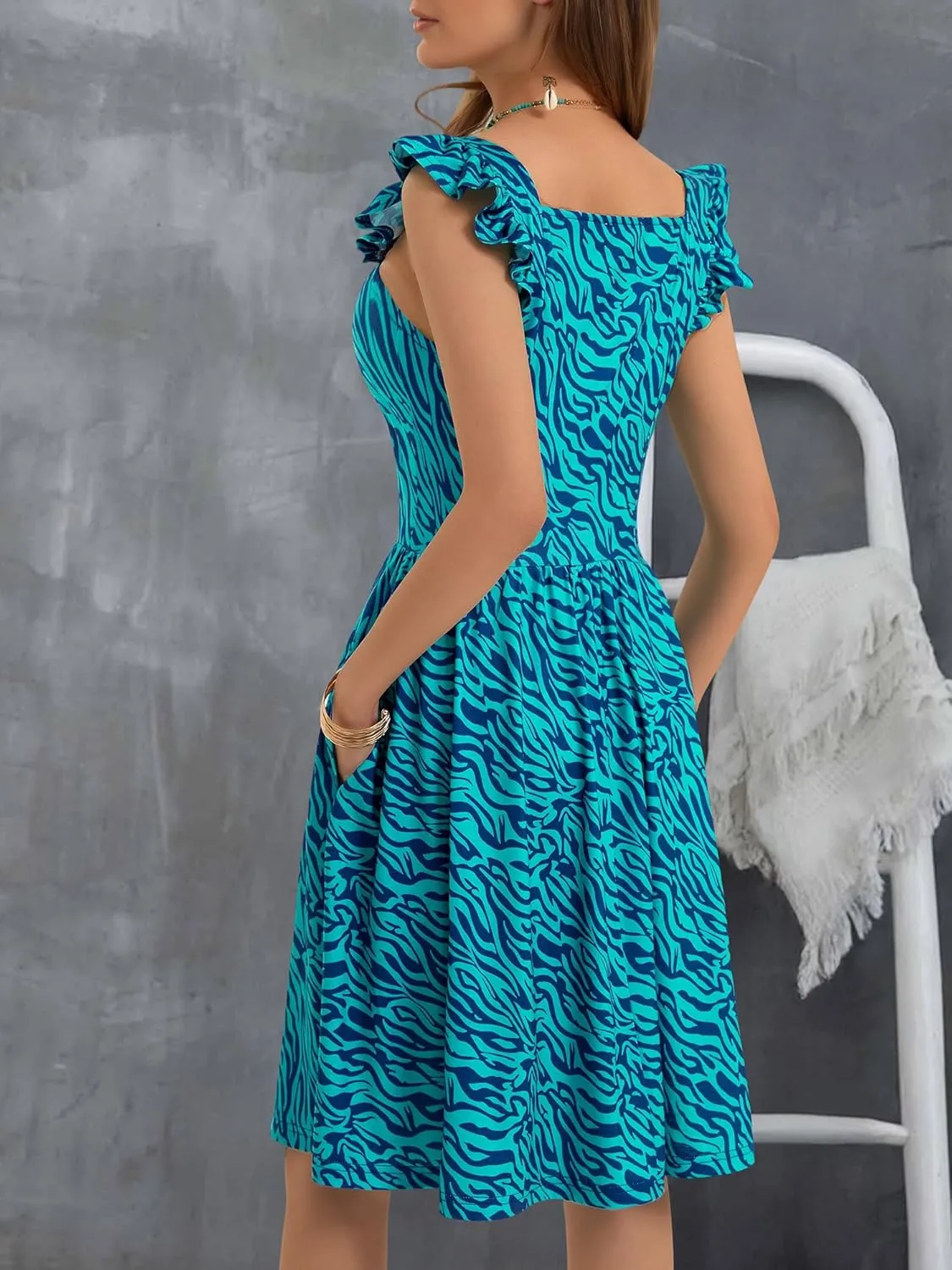 Loemes Summer Casual Cute Floral Flowy Square Neck Sundressses with Pocket Beach Dress for Women