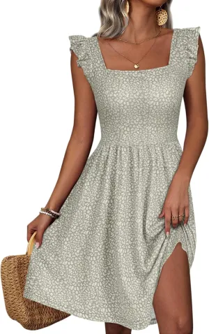 Loemes Summer Casual Cute Floral Flowy Square Neck Sundressses with Pocket Beach Dress for Women