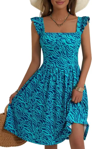 Loemes Summer Casual Cute Floral Flowy Square Neck Sundressses with Pocket Beach Dress for Women