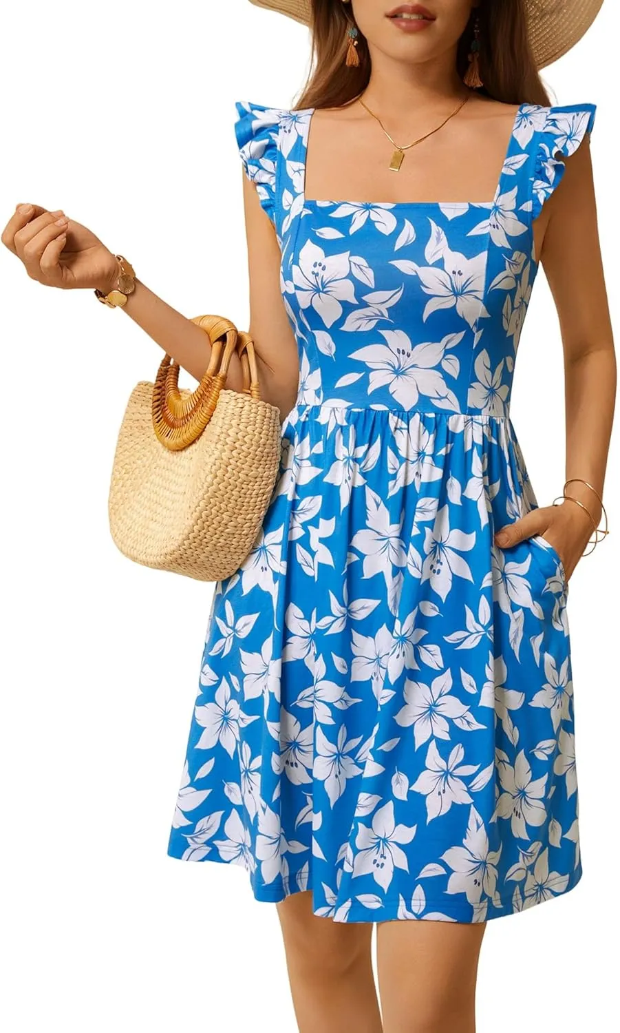 Loemes Summer Casual Cute Floral Flowy Square Neck Sundressses with Pocket Beach Dress for Women