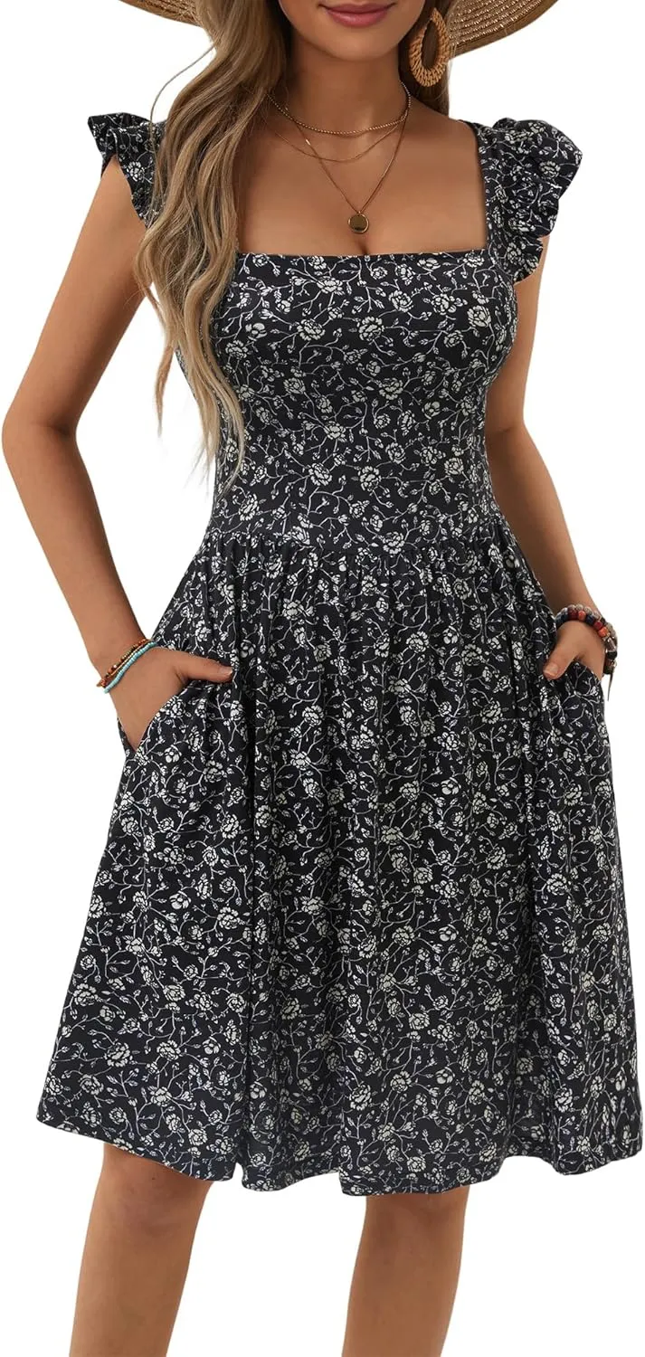Loemes Summer Casual Cute Floral Flowy Square Neck Sundressses with Pocket Beach Dress for Women