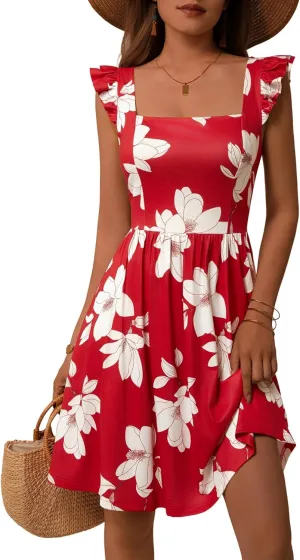 Loemes Summer Casual Cute Floral Flowy Square Neck Sundressses with Pocket Beach Dress for Women