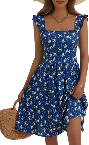 Loemes Summer Casual Cute Floral Flowy Square Neck Sundressses with Pocket Beach Dress for Women