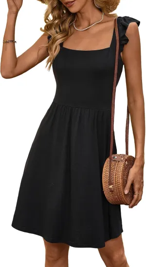 Loemes Summer Casual Cute Floral Flowy Square Neck Sundressses with Pocket Beach Dress for Women