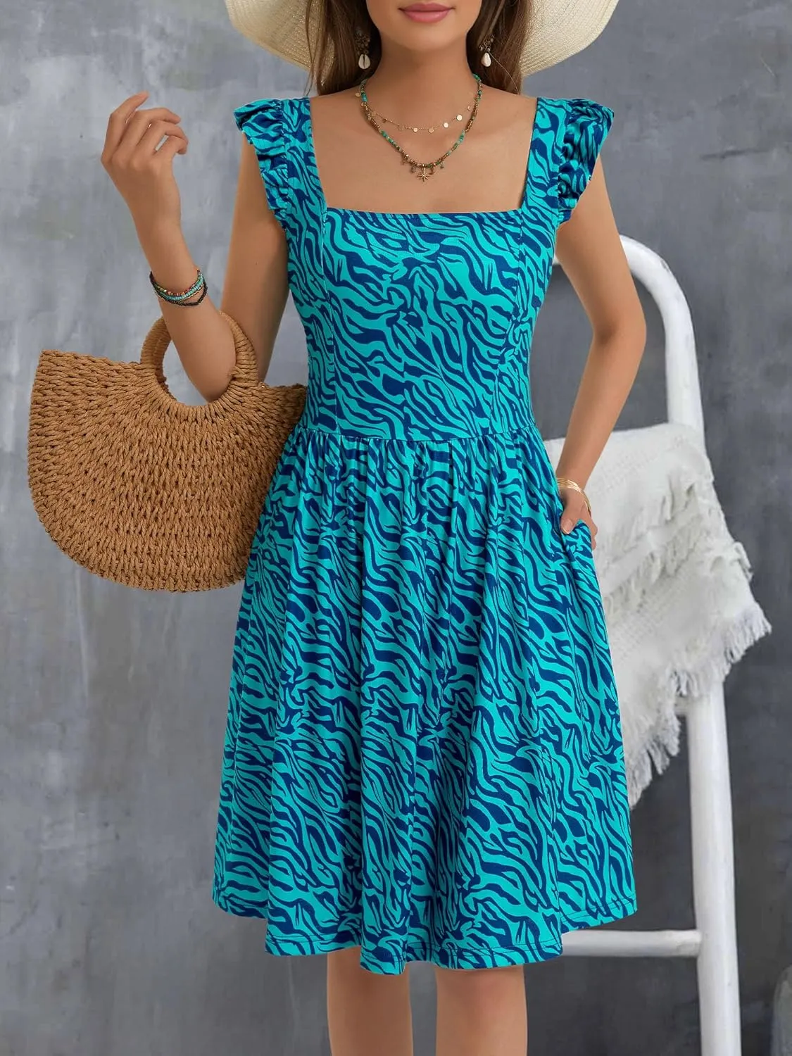 Loemes Summer Casual Cute Floral Flowy Square Neck Sundressses with Pocket Beach Dress for Women