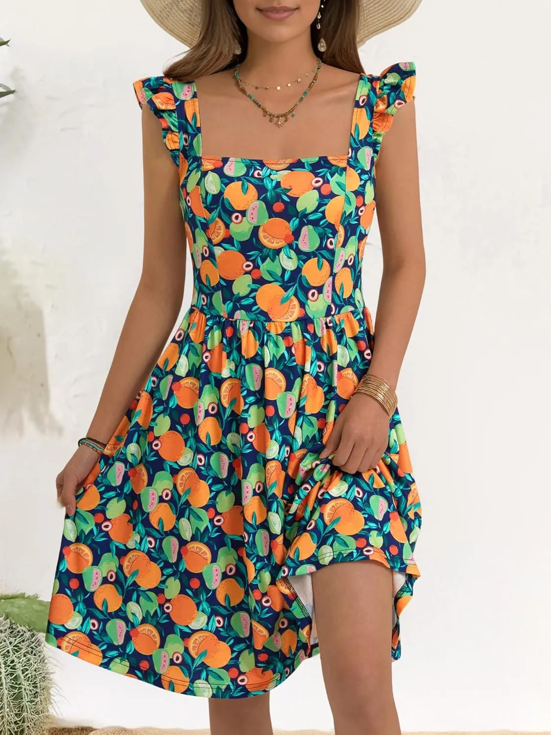 Loemes Summer Casual Cute Floral Flowy Square Neck Sundressses with Pocket Beach Dress for Women