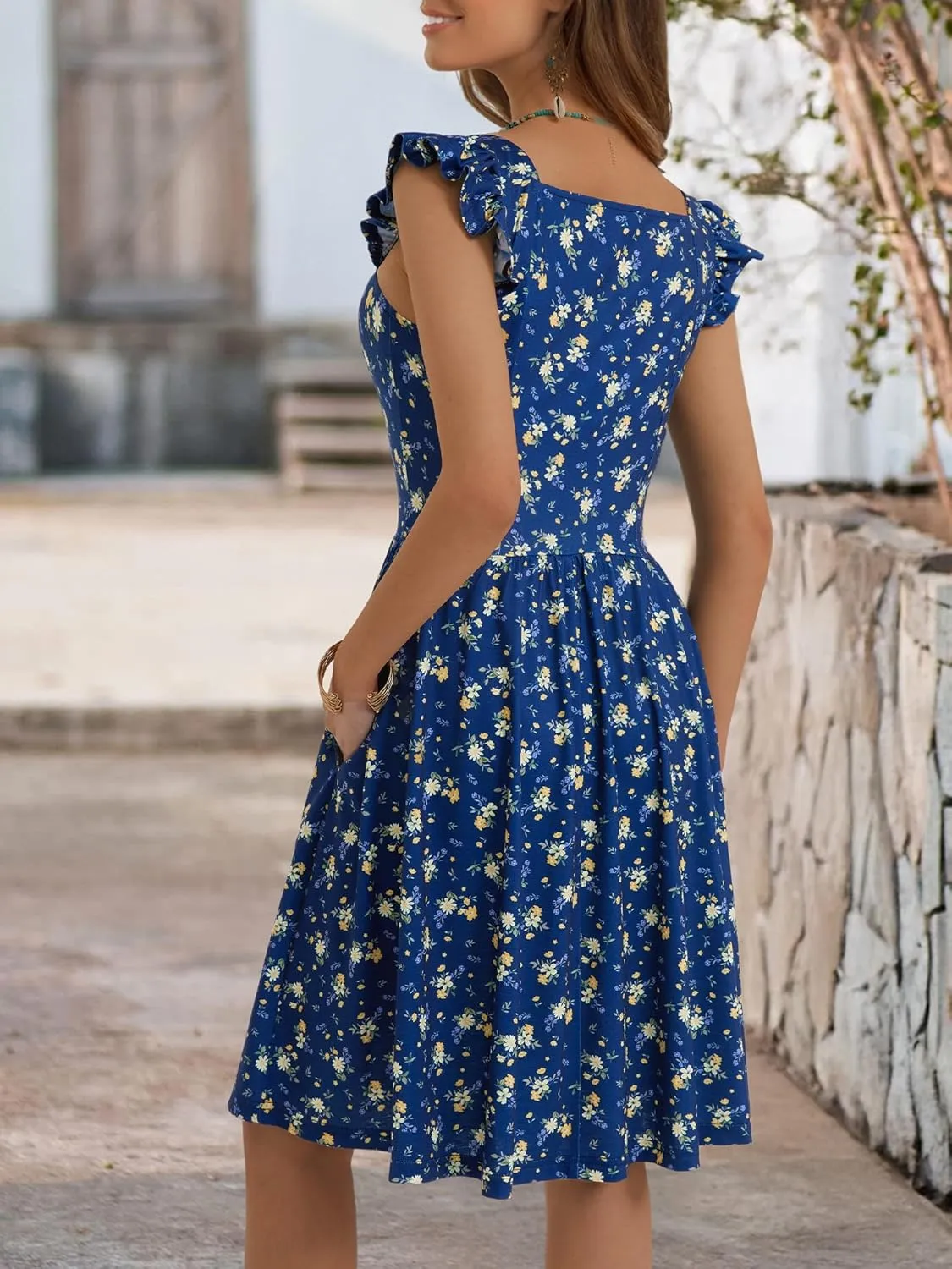 Loemes Summer Casual Cute Floral Flowy Square Neck Sundressses with Pocket Beach Dress for Women