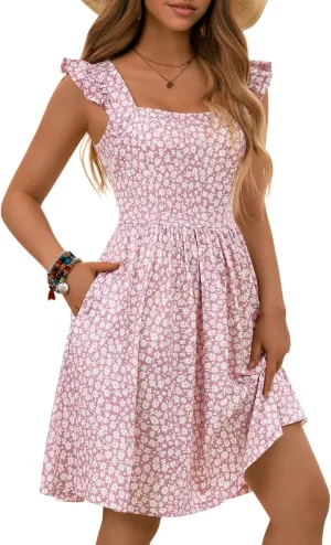 Loemes Summer Casual Cute Floral Flowy Square Neck Sundressses with Pocket Beach Dress for Women
