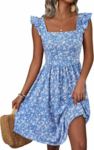Loemes Summer Casual Cute Floral Flowy Square Neck Sundressses with Pocket Beach Dress for Women