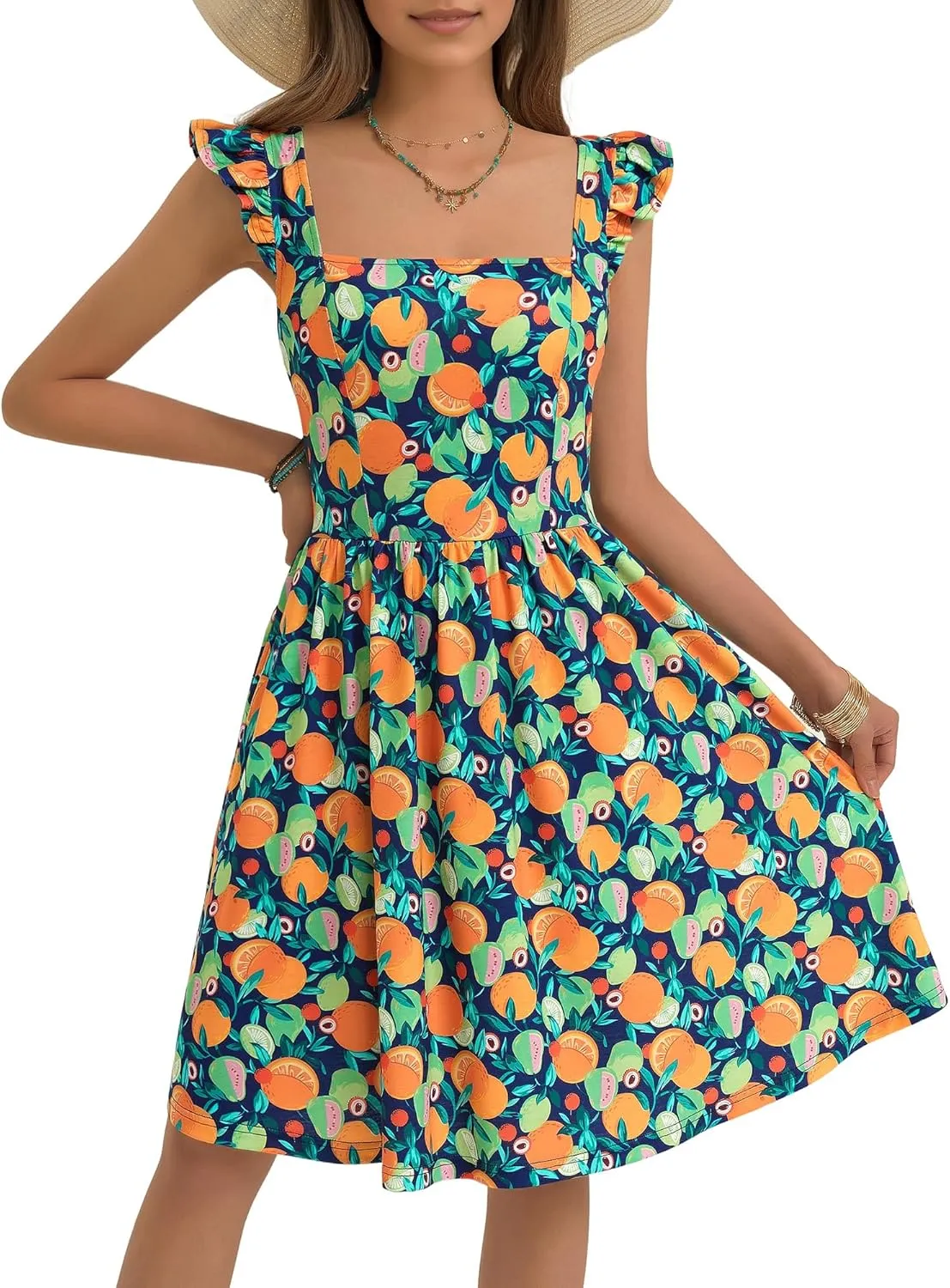 Loemes Summer Casual Cute Floral Flowy Square Neck Sundressses with Pocket Beach Dress for Women