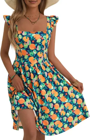 Loemes Summer Casual Cute Floral Flowy Square Neck Sundressses with Pocket Beach Dress for Women