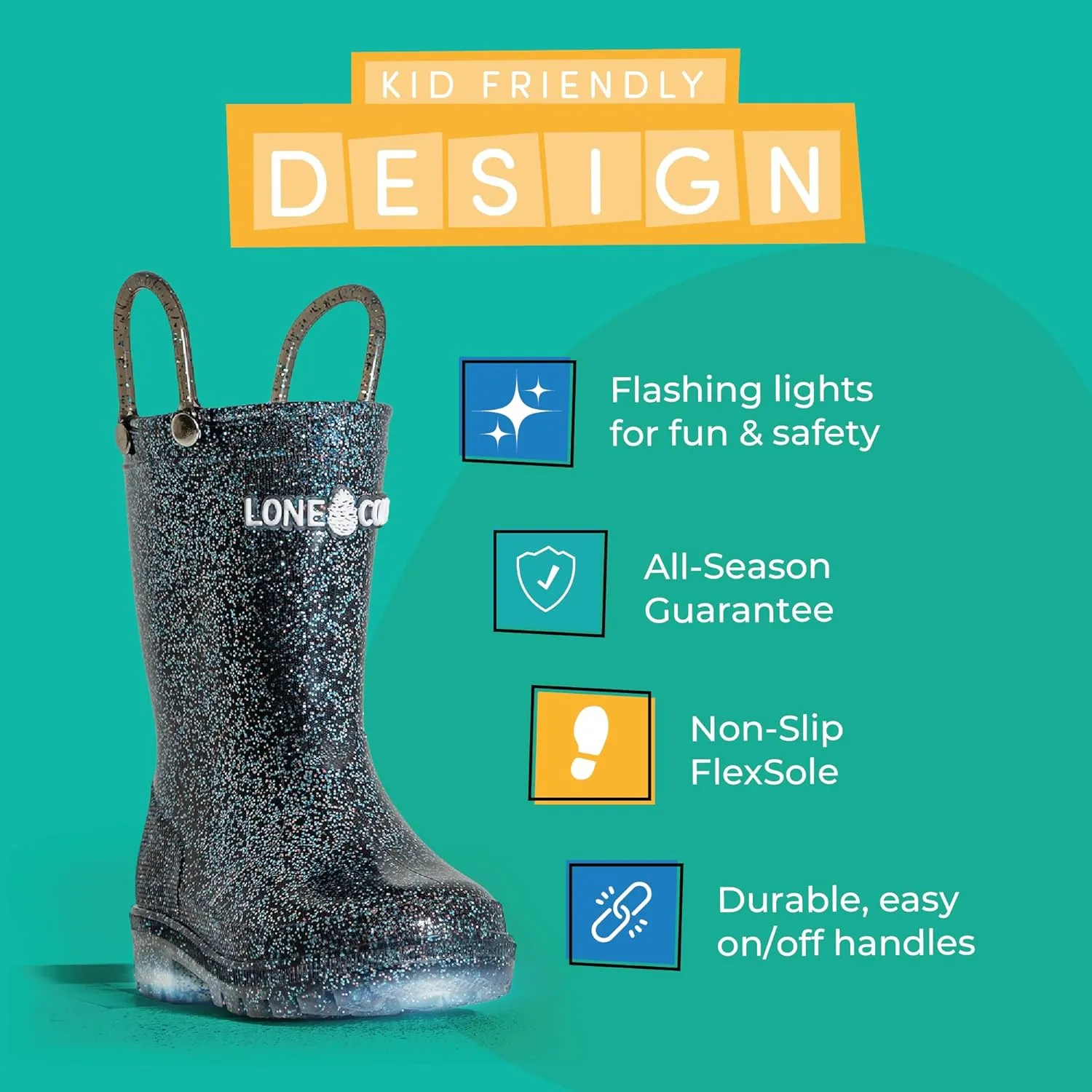 Lone Cone Kids Rain Boots for Girls & Boys – Waterproof Natural Rubber Toddler Rain Boots with Non-Slip Outsole & Easy Pull Handles – Solid, Pattern & Glitter Designs