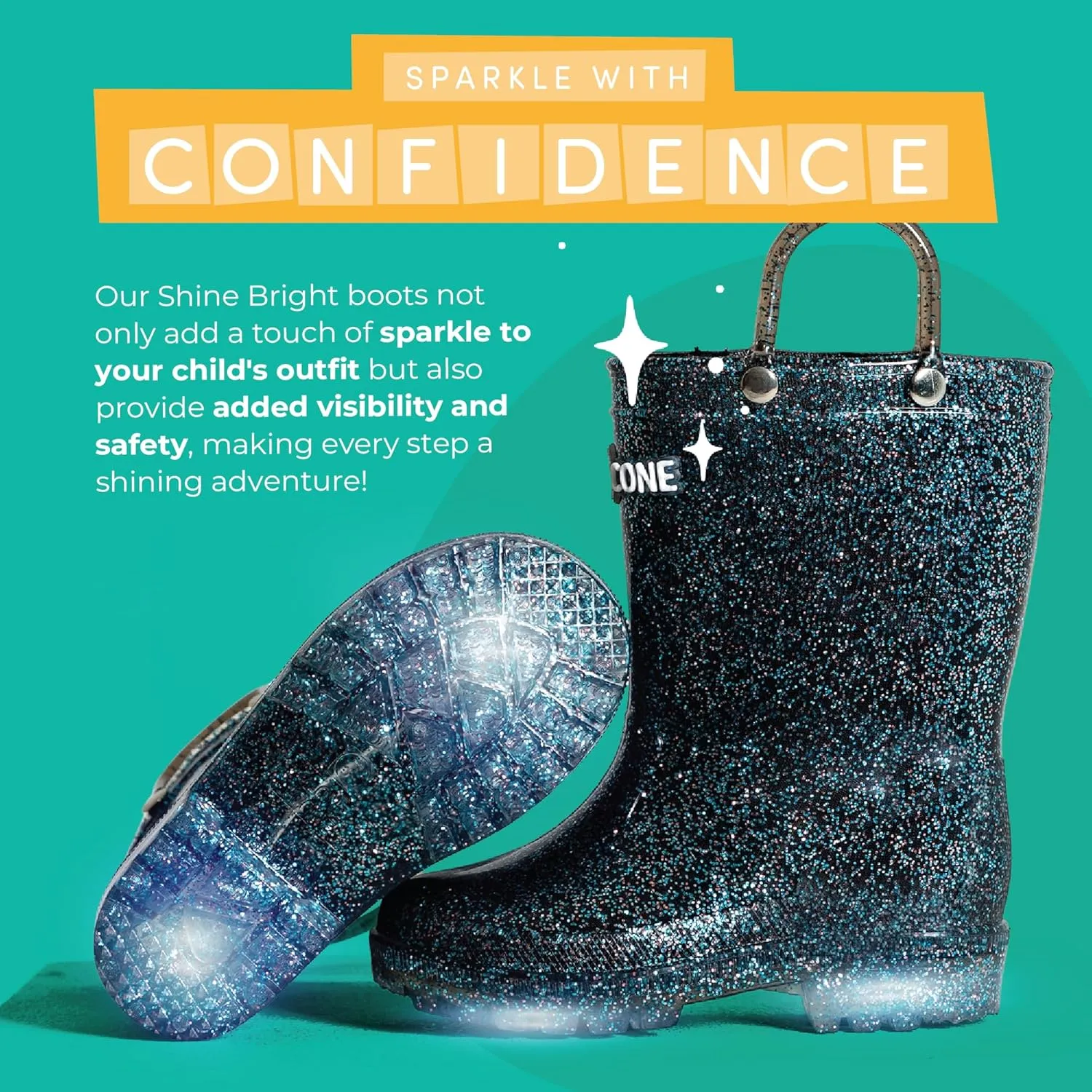 Lone Cone Kids Rain Boots for Girls & Boys – Waterproof Natural Rubber Toddler Rain Boots with Non-Slip Outsole & Easy Pull Handles – Solid, Pattern & Glitter Designs