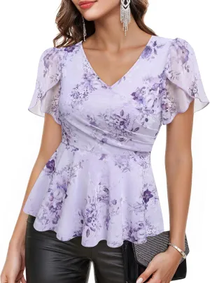 Lotusmile Womens Peplum Tops Dressy Casual Petal Sleeve Mesh Elegant Wrap Blouses for Women Work Night Out Party