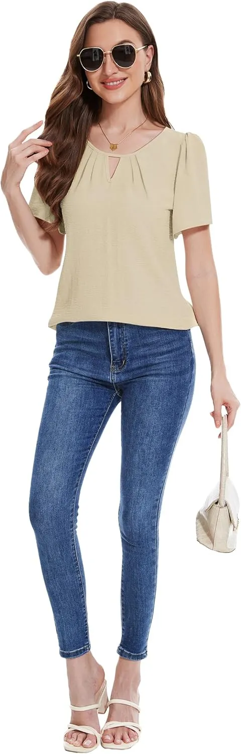 LOZ Womens Keyhole Business Casual Tops Short Sleeve Summer Shirts Office Dressy Blouses for Work Professional 2025