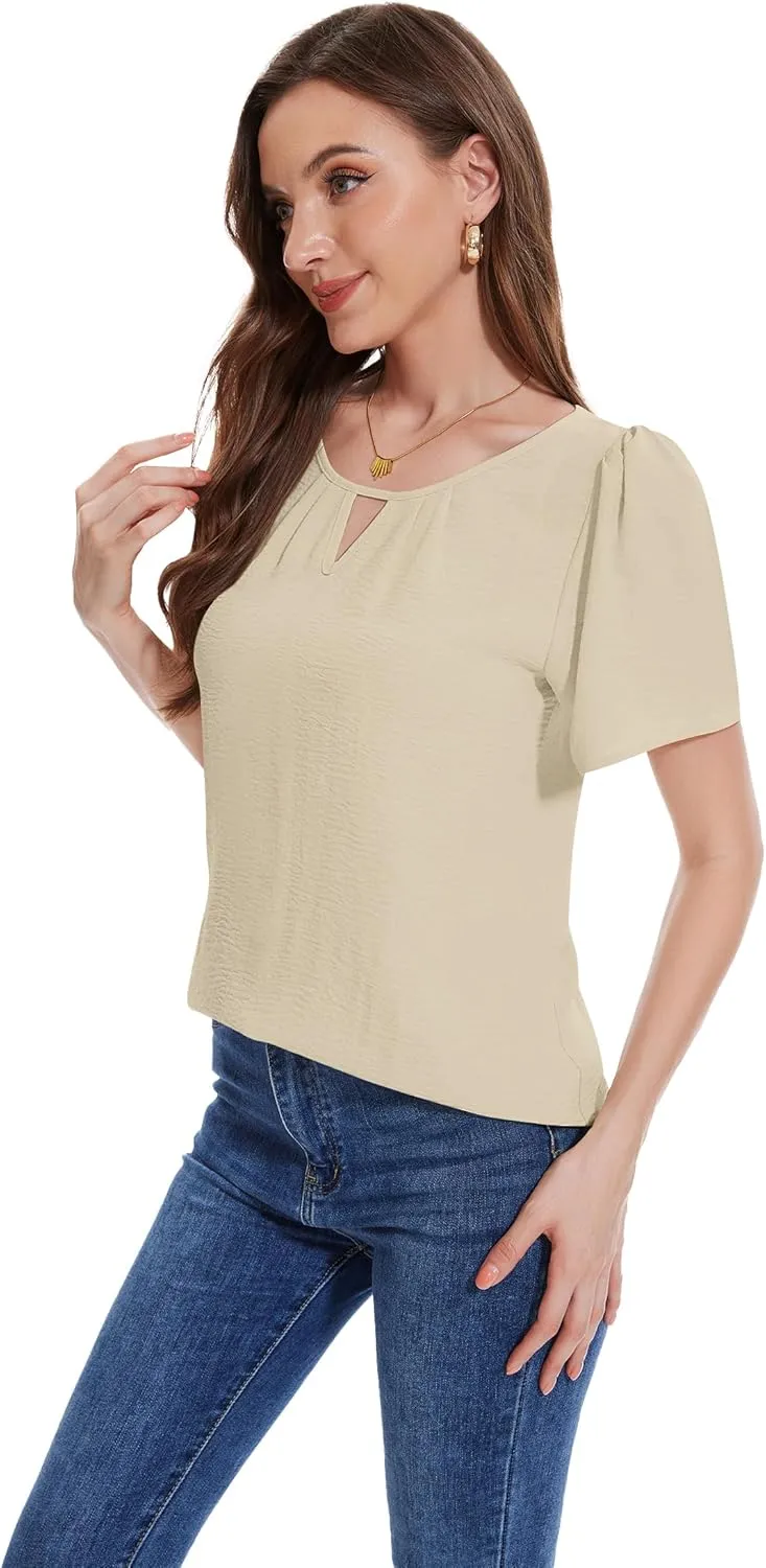 LOZ Womens Keyhole Business Casual Tops Short Sleeve Summer Shirts Office Dressy Blouses for Work Professional 2025