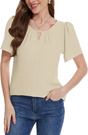 LOZ Womens Keyhole Business Casual Tops Short Sleeve Summer Shirts Office Dressy Blouses for Work Professional 2025