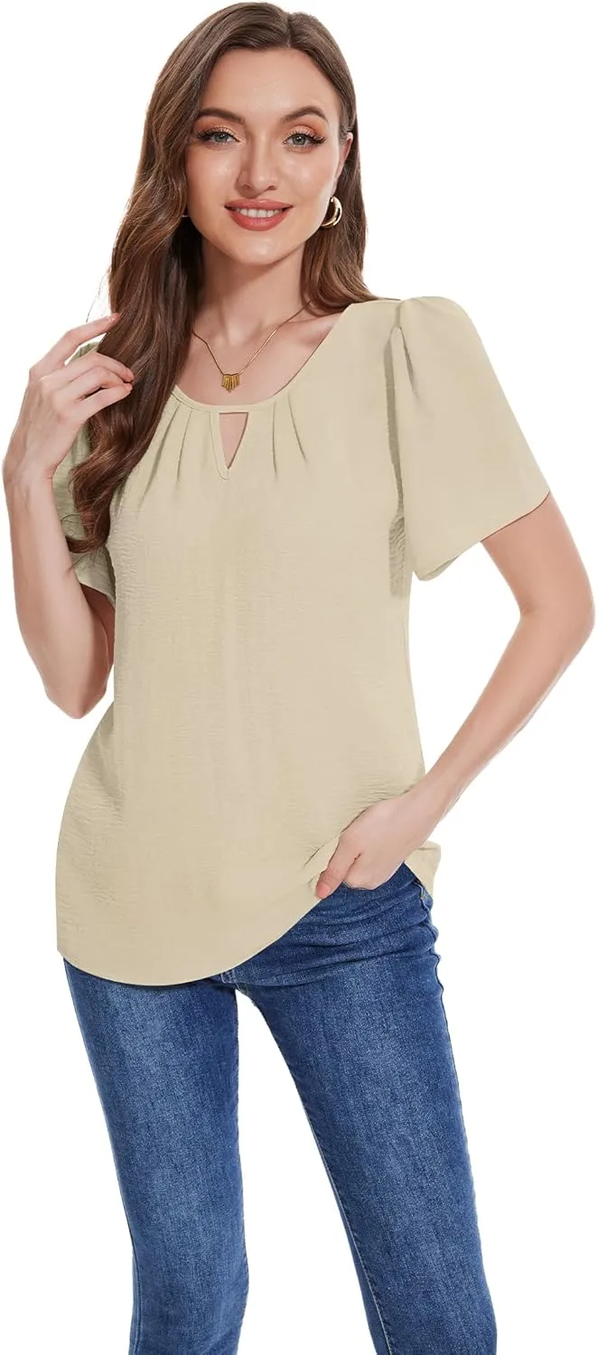 LOZ Womens Keyhole Business Casual Tops Short Sleeve Summer Shirts Office Dressy Blouses for Work Professional 2025