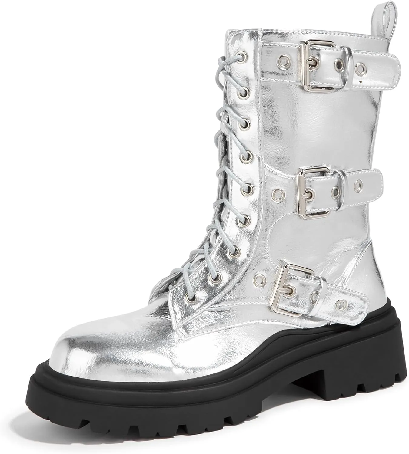 LUCKY STEP Women's Combat Boots-Platform Chunky Mid Calf Boots Ankle Booties Motorcycle Side Zipper Buckles Goth Booties