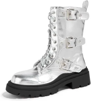 LUCKY STEP Women's Combat Boots-Platform Chunky Mid Calf Boots Ankle Booties Motorcycle Side Zipper Buckles Goth Booties