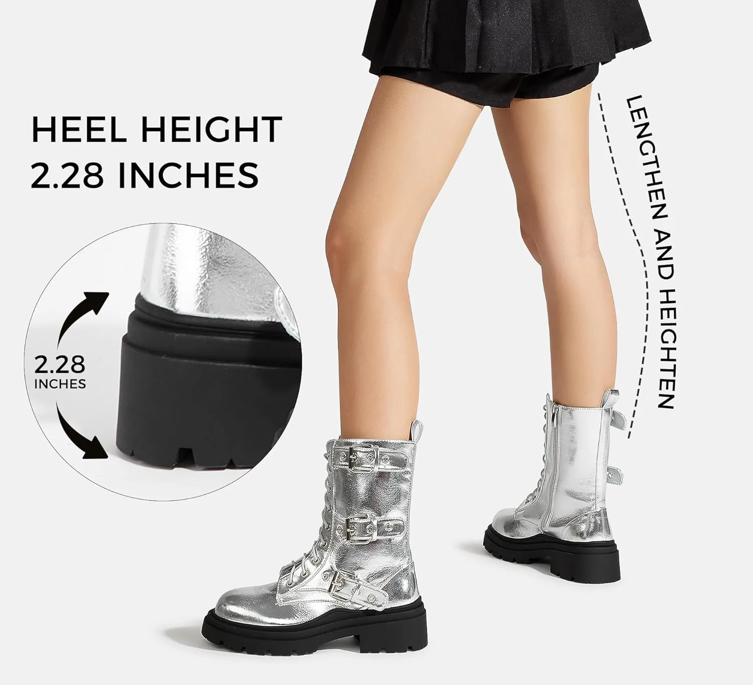LUCKY STEP Women's Combat Boots-Platform Chunky Mid Calf Boots Ankle Booties Motorcycle Side Zipper Buckles Goth Booties