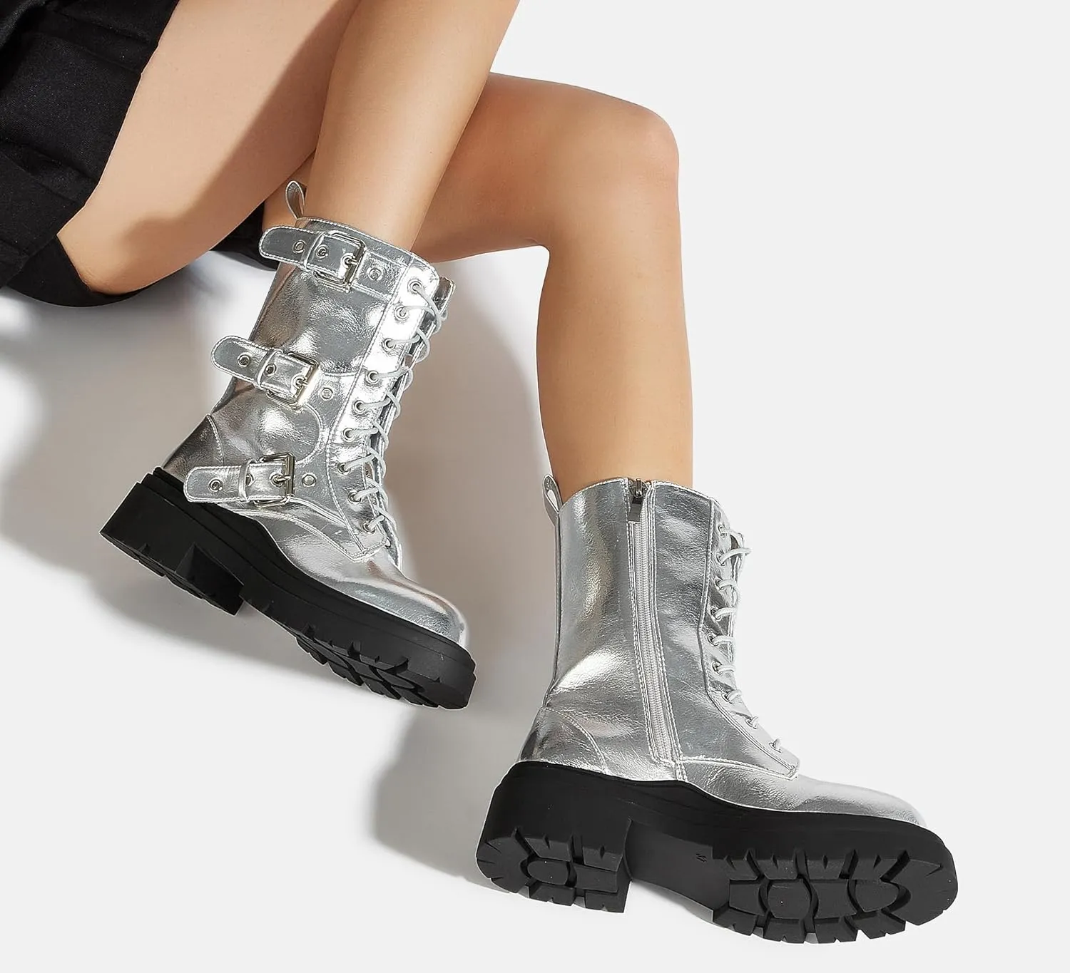 LUCKY STEP Women's Combat Boots-Platform Chunky Mid Calf Boots Ankle Booties Motorcycle Side Zipper Buckles Goth Booties