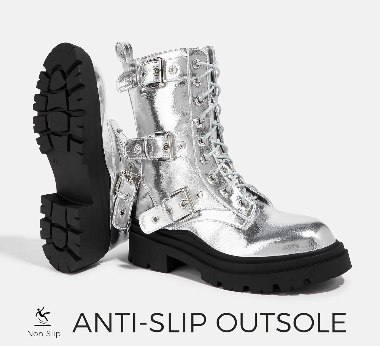 LUCKY STEP Women's Combat Boots-Platform Chunky Mid Calf Boots Ankle Booties Motorcycle Side Zipper Buckles Goth Booties