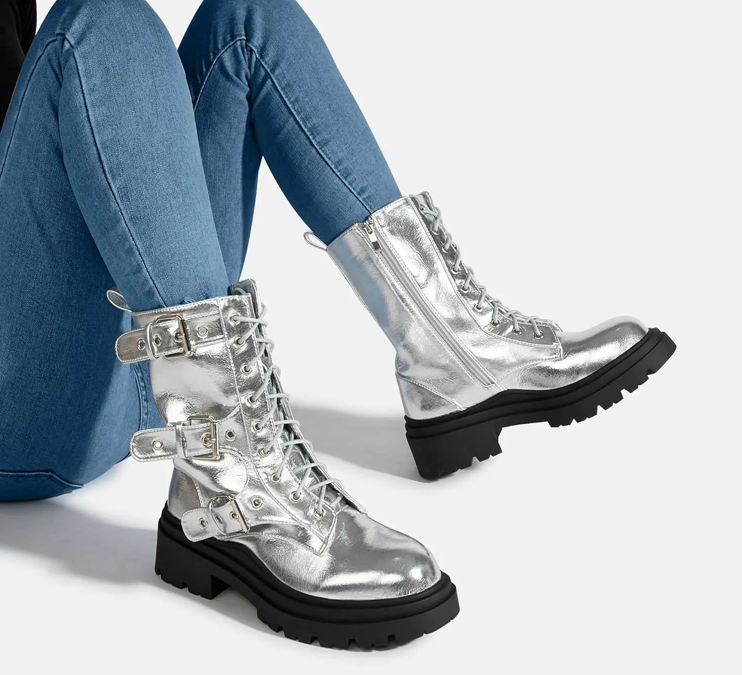 LUCKY STEP Women's Combat Boots-Platform Chunky Mid Calf Boots Ankle Booties Motorcycle Side Zipper Buckles Goth Booties