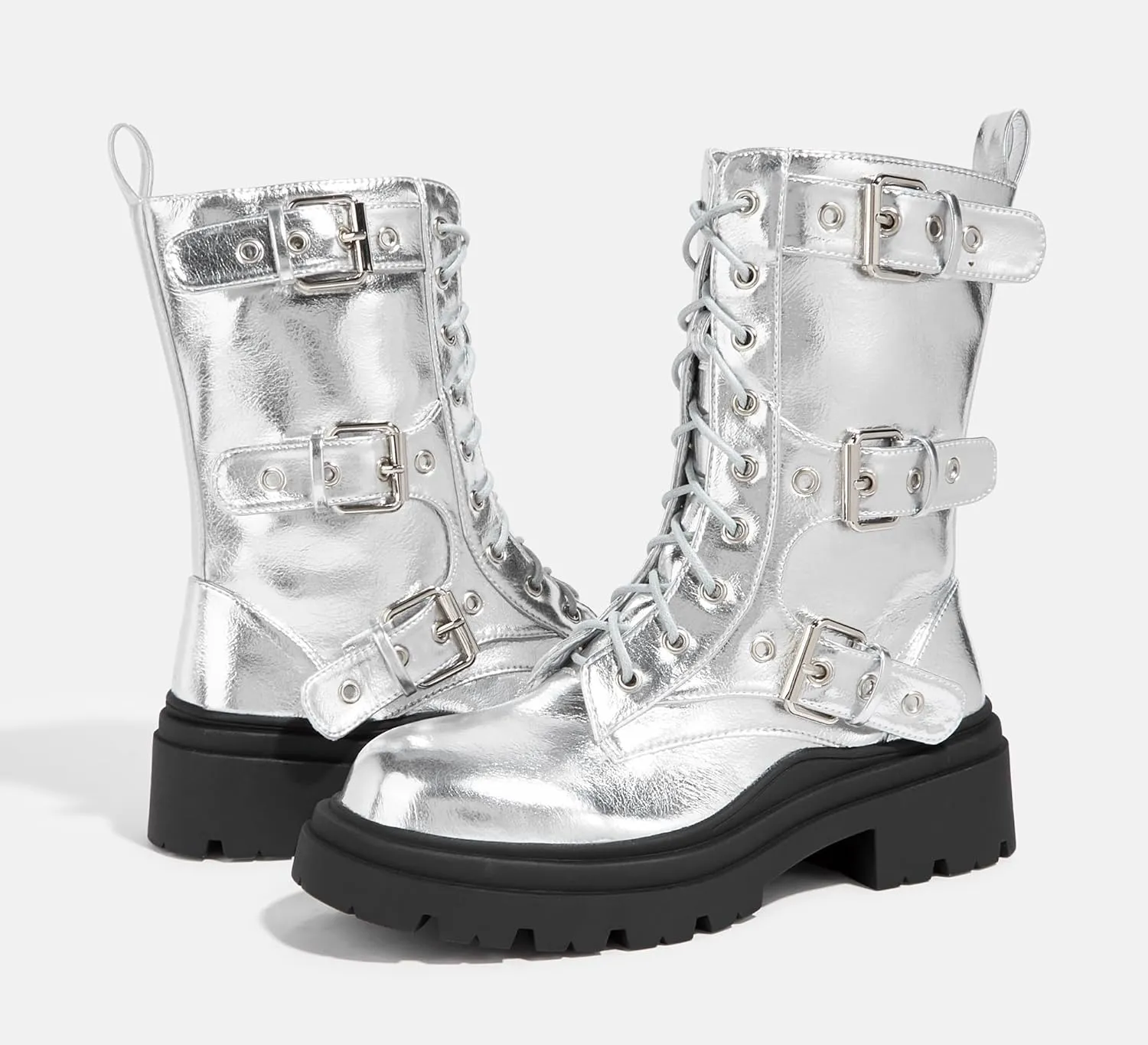LUCKY STEP Women's Combat Boots-Platform Chunky Mid Calf Boots Ankle Booties Motorcycle Side Zipper Buckles Goth Booties