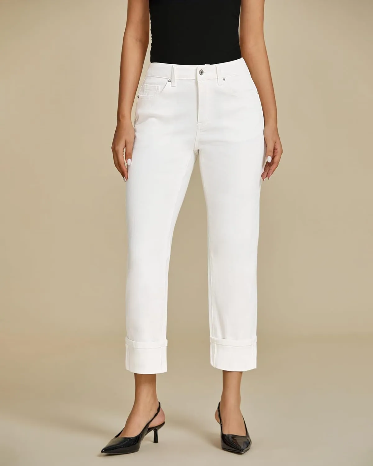 luvamia Straight Leg Jeans for Women Trendy Cropped High Waisted Cuffed Hem Stretchy Boyfriend Capri Jeans with Pockets