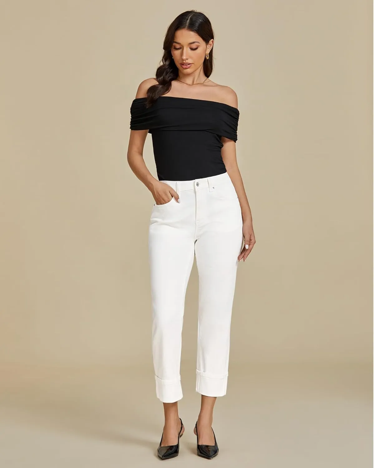 luvamia Straight Leg Jeans for Women Trendy Cropped High Waisted Cuffed Hem Stretchy Boyfriend Capri Jeans with Pockets