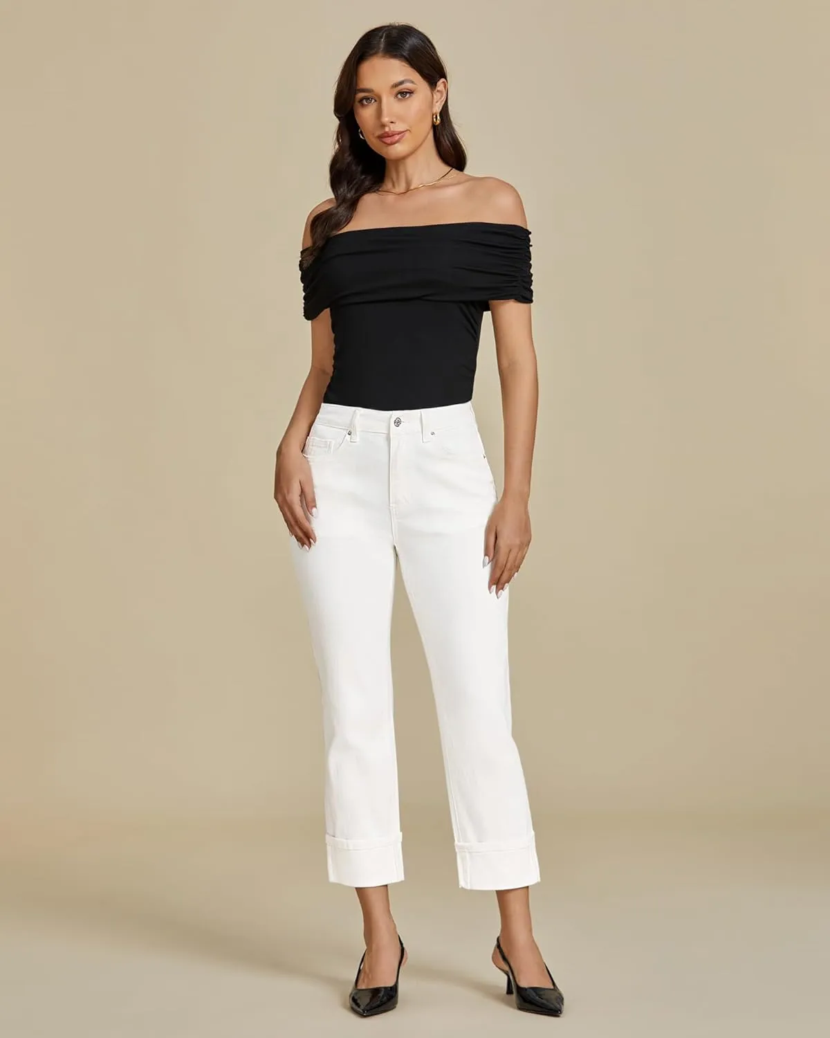 luvamia Straight Leg Jeans for Women Trendy Cropped High Waisted Cuffed Hem Stretchy Boyfriend Capri Jeans with Pockets