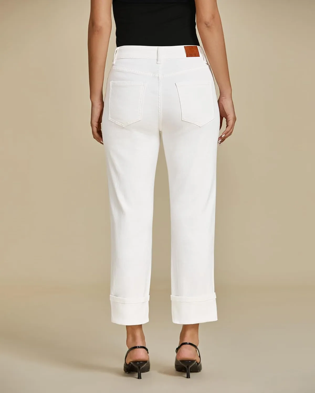luvamia Straight Leg Jeans for Women Trendy Cropped High Waisted Cuffed Hem Stretchy Boyfriend Capri Jeans with Pockets