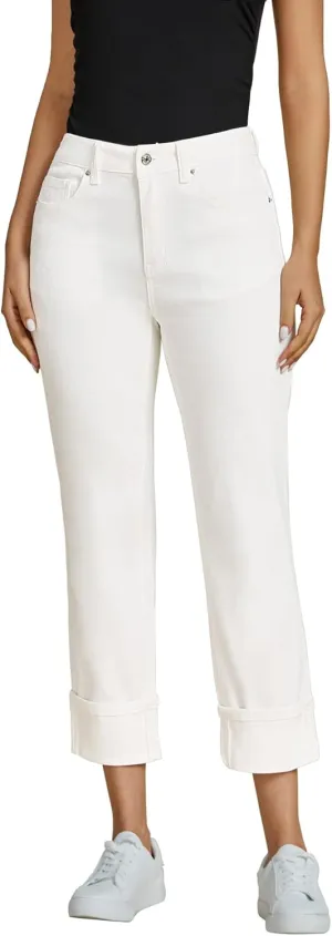 luvamia Straight Leg Jeans for Women Trendy Cropped High Waisted Cuffed Hem Stretchy Boyfriend Capri Jeans with Pockets