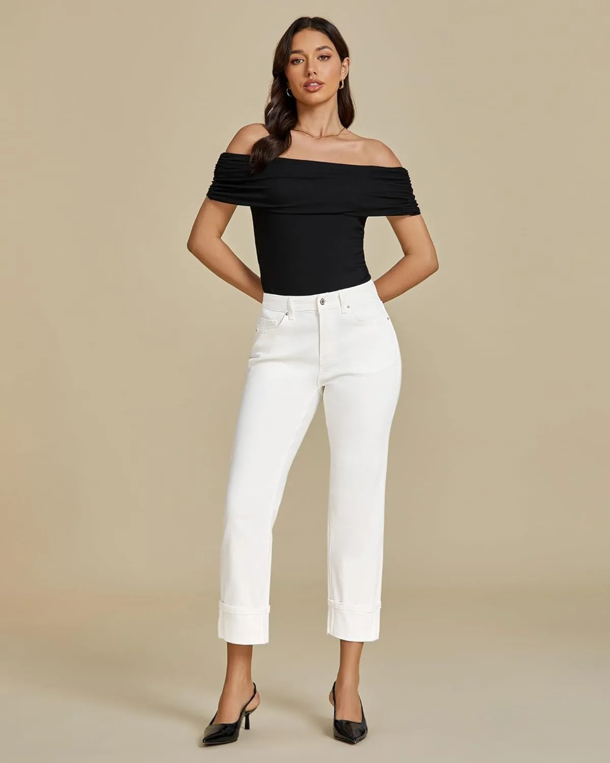 luvamia Straight Leg Jeans for Women Trendy Cropped High Waisted Cuffed Hem Stretchy Boyfriend Capri Jeans with Pockets