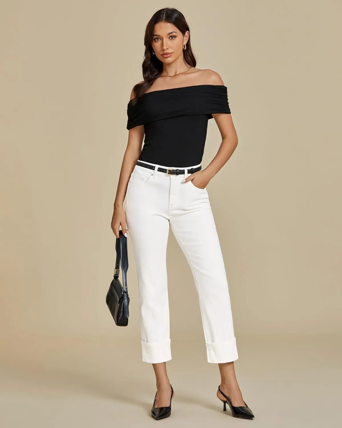 luvamia Straight Leg Jeans for Women Trendy Cropped High Waisted Cuffed Hem Stretchy Boyfriend Capri Jeans with Pockets