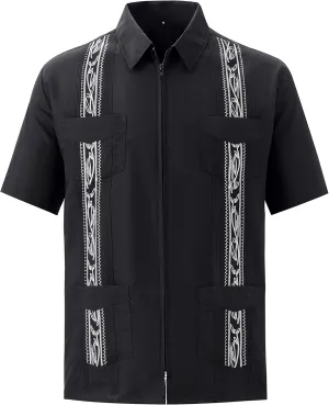 MAXJON Men's Short Sleeve Cuban Guayabera Shirts Full Zip Front Mexican Hawaiian Shirt with Pocket