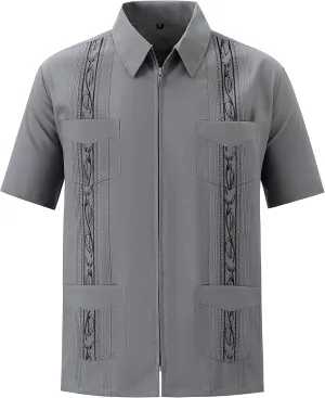 MAXJON Men's Short Sleeve Cuban Guayabera Shirts Full Zip Front Mexican Hawaiian Shirt with Pocket