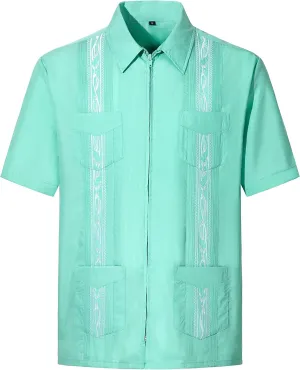 MAXJON Men's Short Sleeve Cuban Guayabera Shirts Full Zip Front Mexican Hawaiian Shirt with Pocket