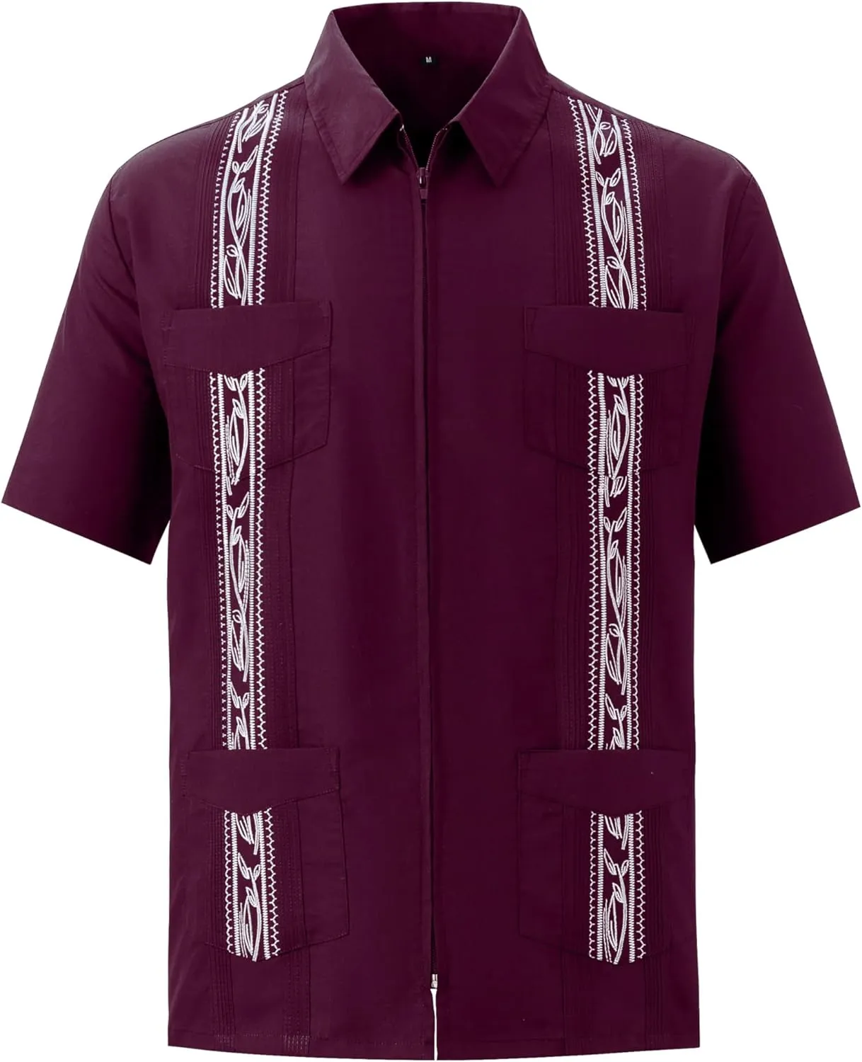 MAXJON Men's Short Sleeve Cuban Guayabera Shirts Full Zip Front Mexican Hawaiian Shirt with Pocket