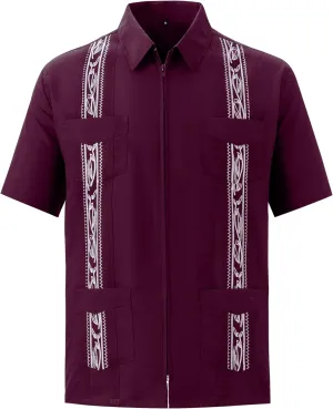 MAXJON Men's Short Sleeve Cuban Guayabera Shirts Full Zip Front Mexican Hawaiian Shirt with Pocket