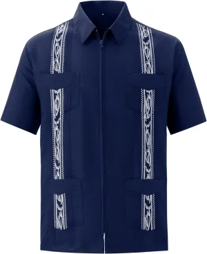 MAXJON Men's Short Sleeve Cuban Guayabera Shirts Full Zip Front Mexican Hawaiian Shirt with Pocket