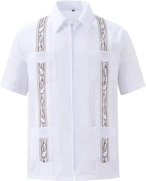 MAXJON Men's Short Sleeve Cuban Guayabera Shirts Full Zip Front Mexican Hawaiian Shirt with Pocket