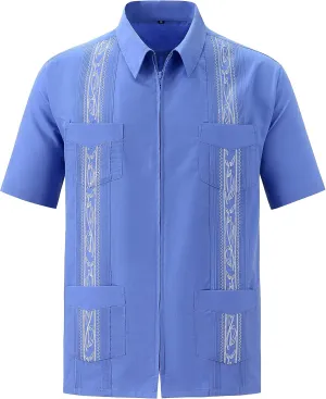 MAXJON Men's Short Sleeve Cuban Guayabera Shirts Full Zip Front Mexican Hawaiian Shirt with Pocket
