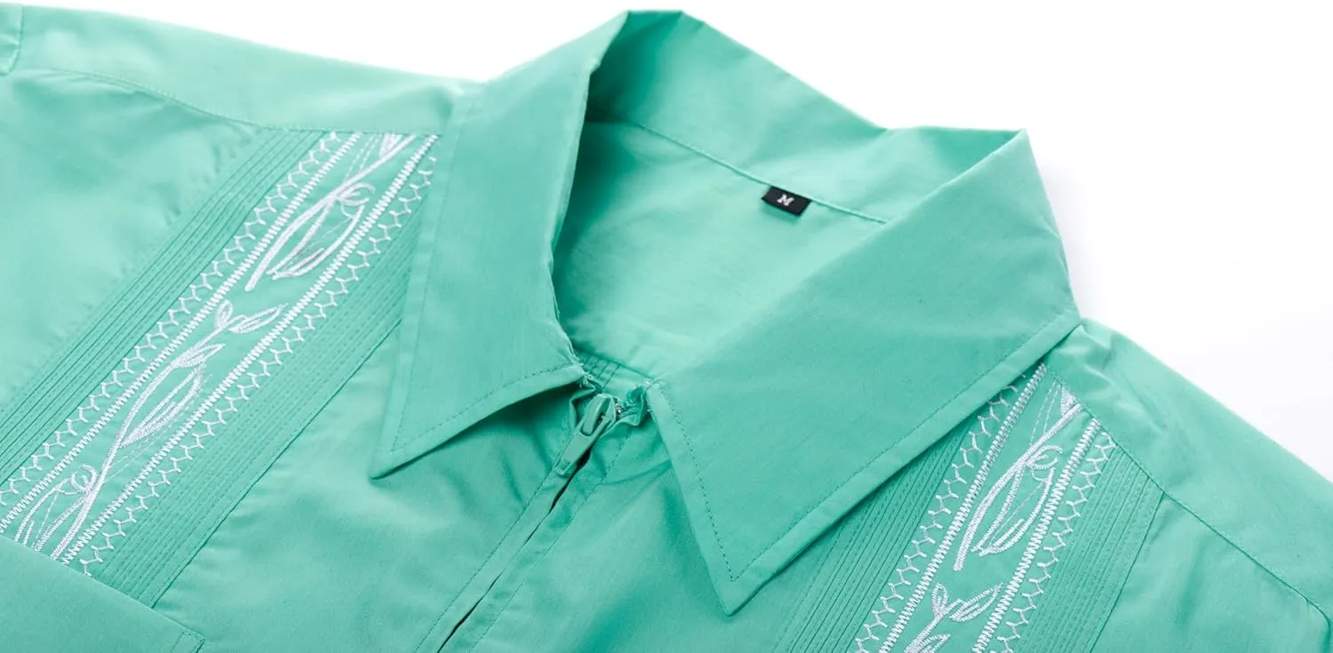 MAXJON Men's Short Sleeve Cuban Guayabera Shirts Full Zip Front Mexican Hawaiian Shirt with Pocket